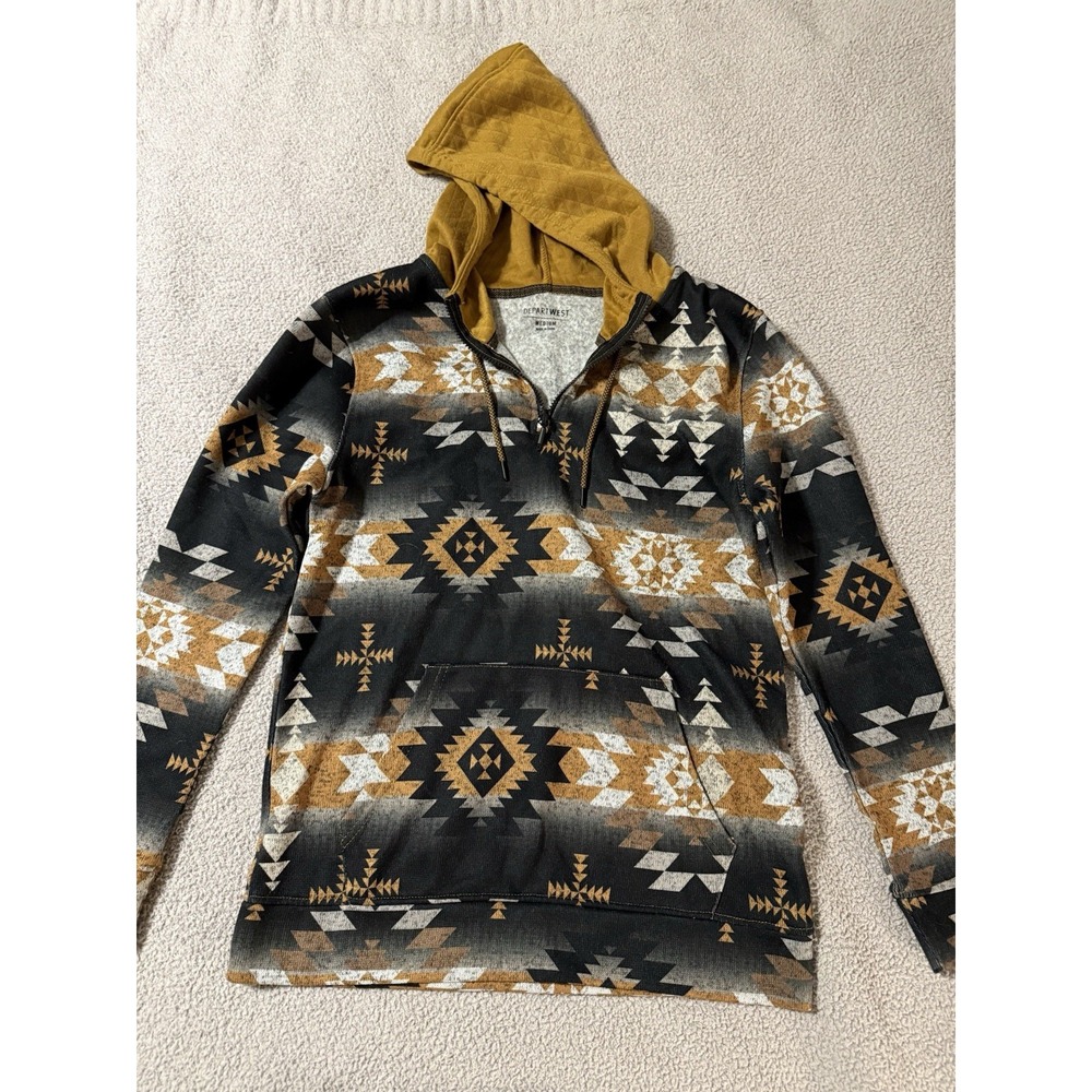 DepartWest 1/4 Zip Western Print Hoodie Aztec Pullover Front Pocket Men's Medium